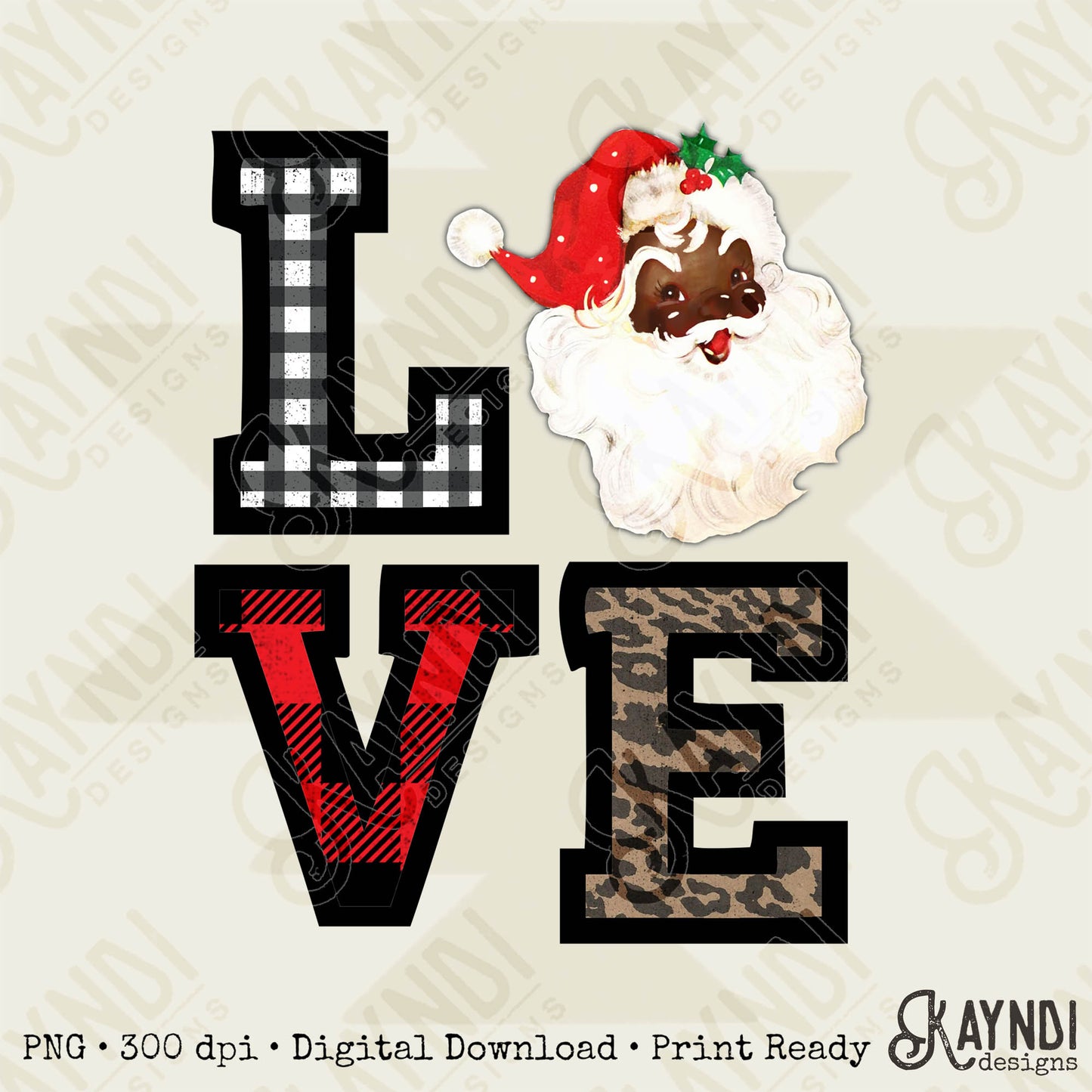 Love Santa African Black Leopard Gingham Buffalo Check Christmas Sublimation Design Craft PNG Digital Download Printable DTG