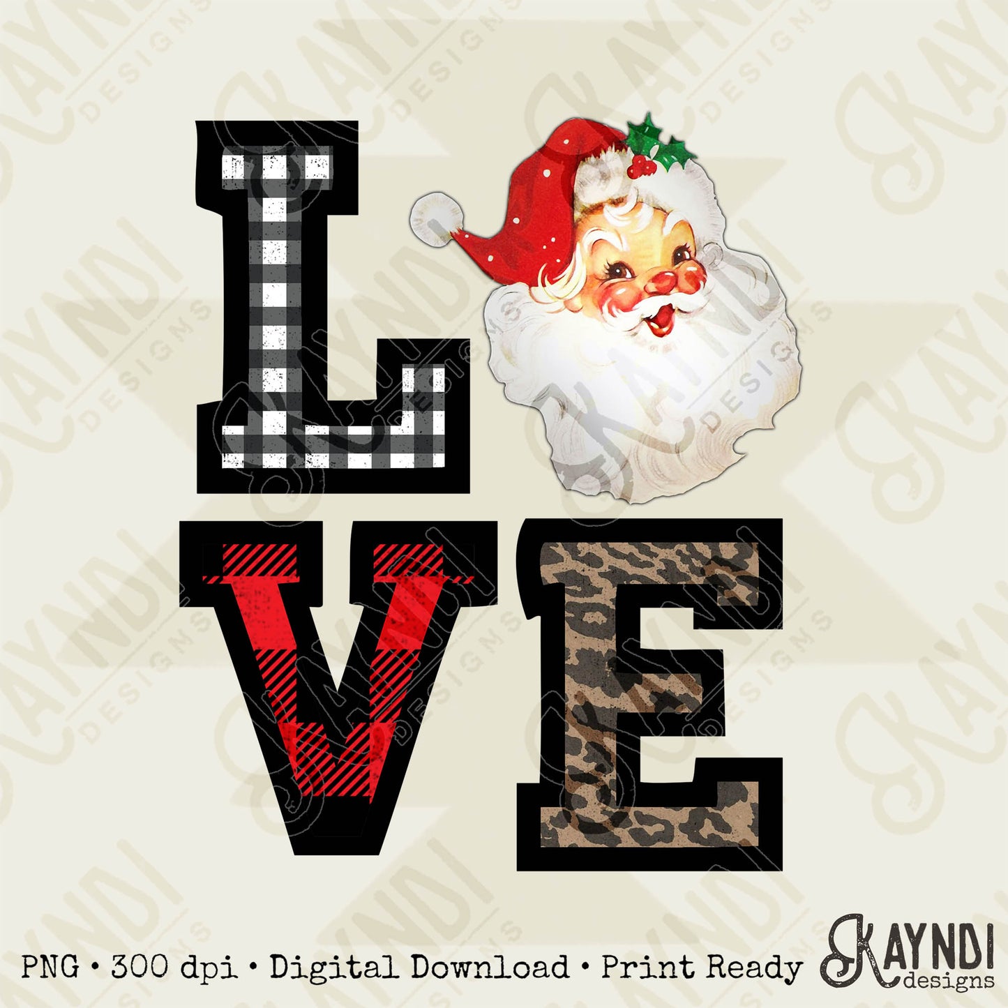 Love Santa Sublimation Design Leopard Gingham Buffalo Check Christmas PNG Digital Download Craft DTG Printable Design Sublimation Graphic