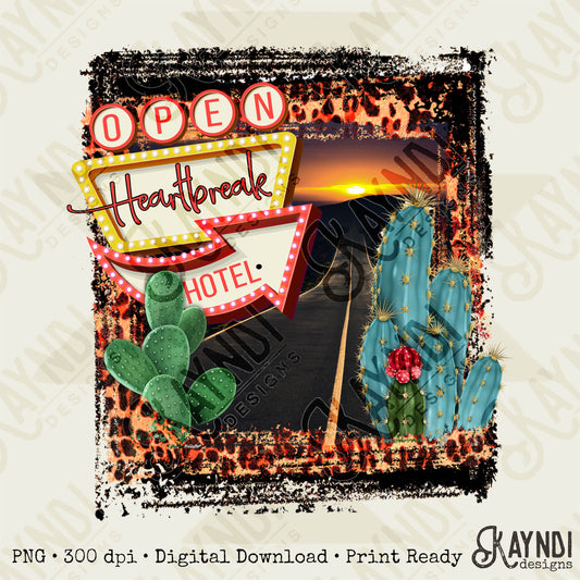 Open Heart Break Hotel Sublimation Design Digital Download PNG Valentines Love Desert Cactus Leopard Printable Sub Printing