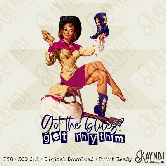 Get Rhythm Cowgirl Sublimation Design PNG Digital Download Printable Country Blues