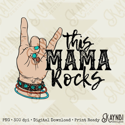 This Mama Rocks Sublimation Design PNG Digital Download Printable Rock Hand Sign Rocker Mom Mamma Stud Glitter Leopard