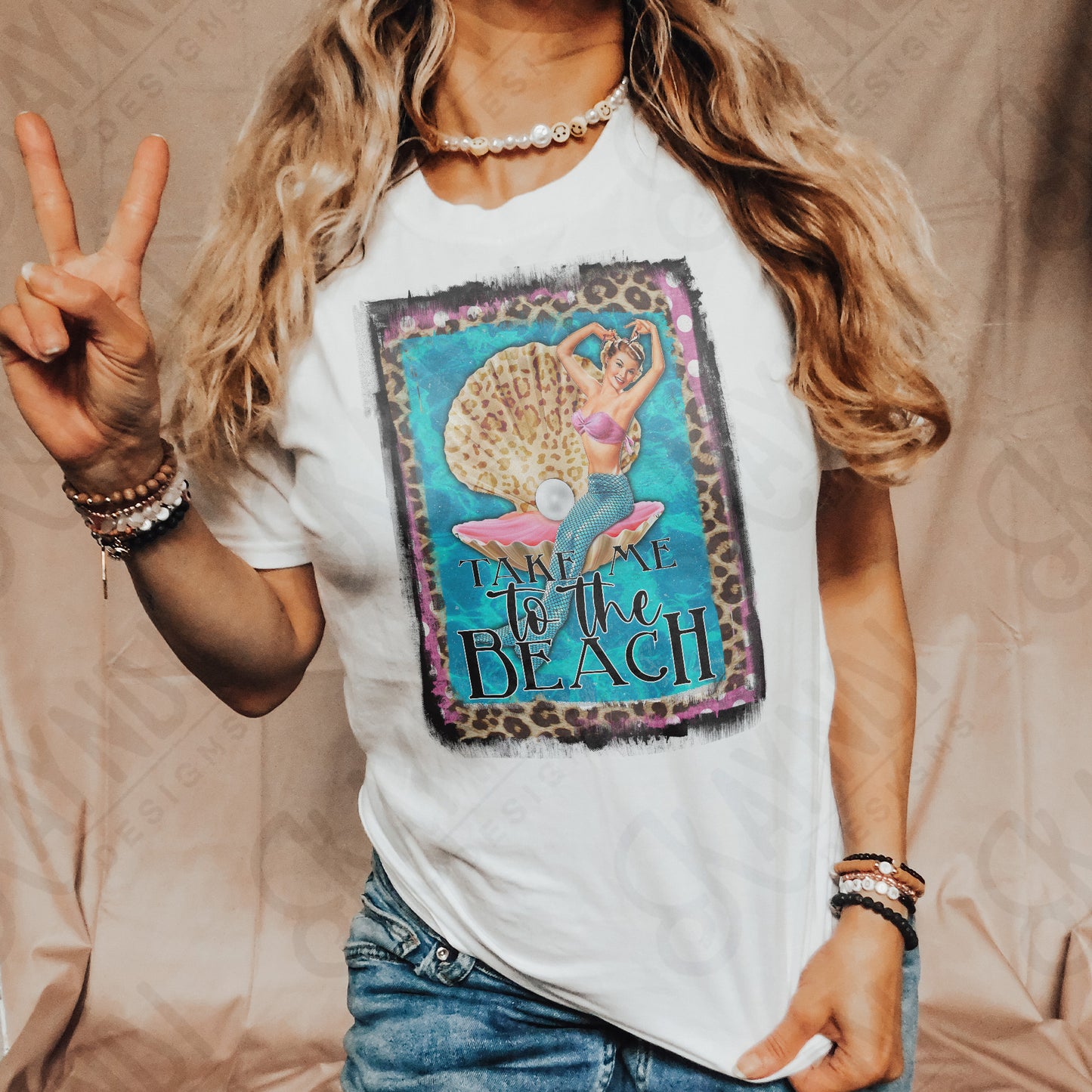 Take me to the beach mermaid Sublimation Design PNG Digital Download Printable Leopard Polka dots Summer Sea Shell Vintage Girl Peal