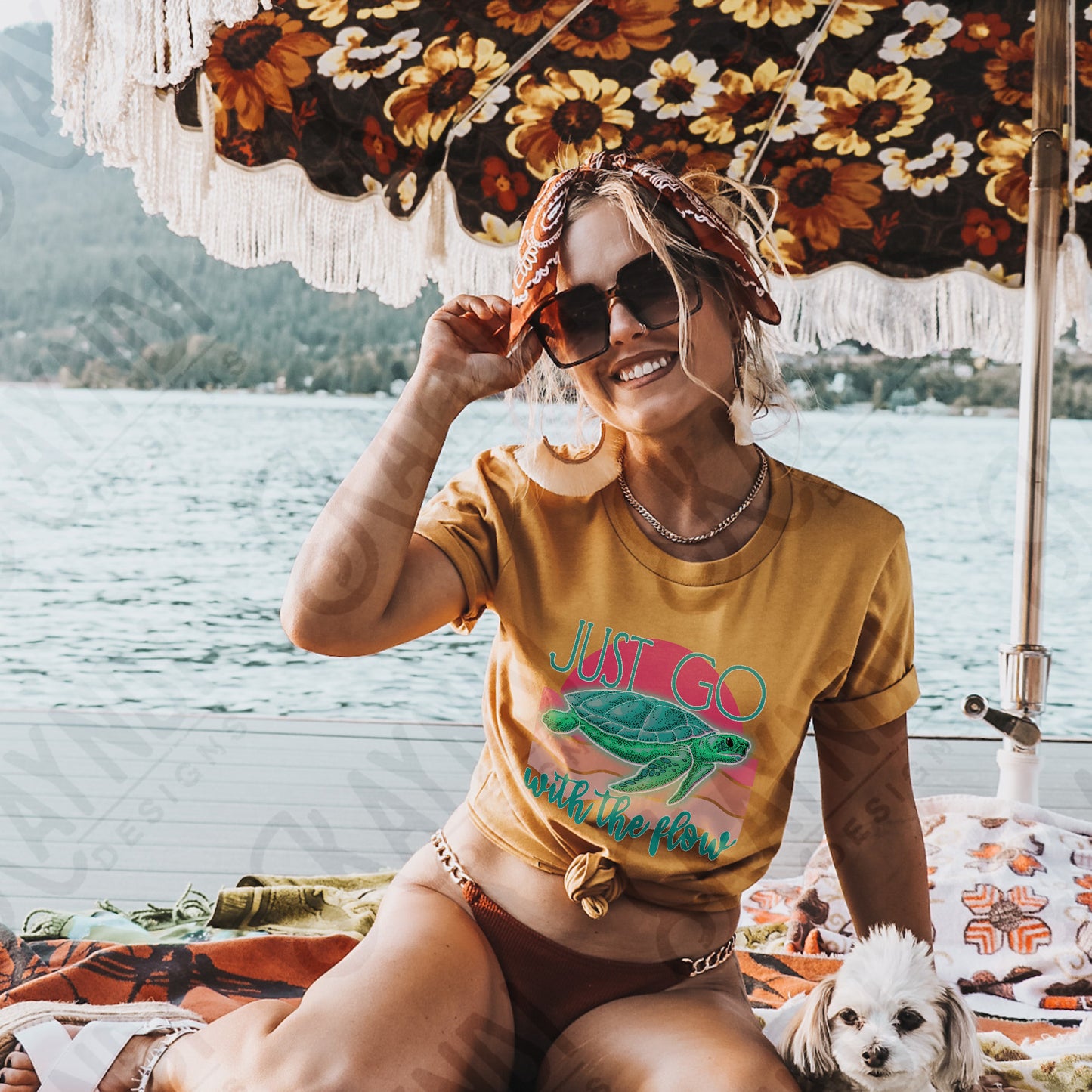 Just Go With The Flow Sublimation Design PNG Digital Download Printable Sea Turtle Retro Summer Beach Ocean River Lake