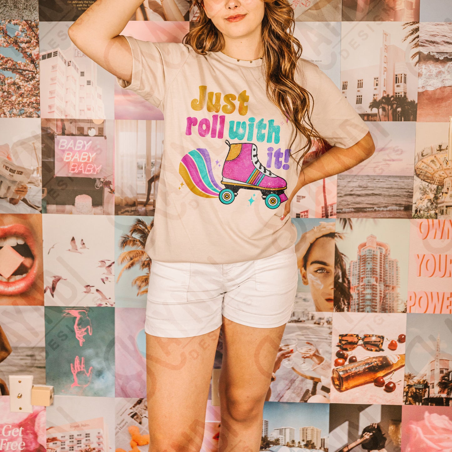 Just Roll With It Sublimation Design PNG Digital Download Printable 70s 80s Retro Vintage Doodle Rollerblades Roller Skates Skating Rink