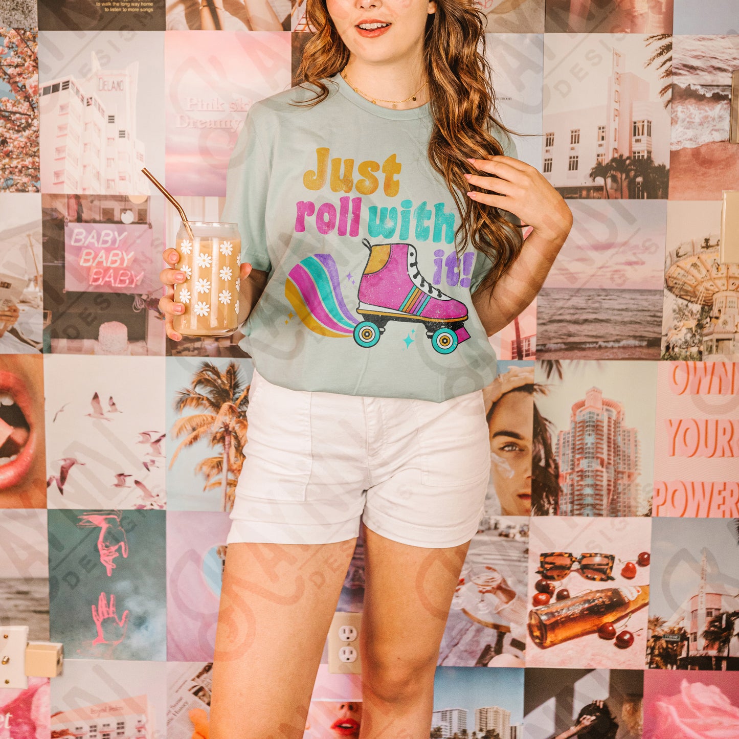 Just Roll With It Sublimation Design PNG Digital Download Printable 70s 80s Retro Vintage Doodle Rollerblades Roller Skates Skating Rink