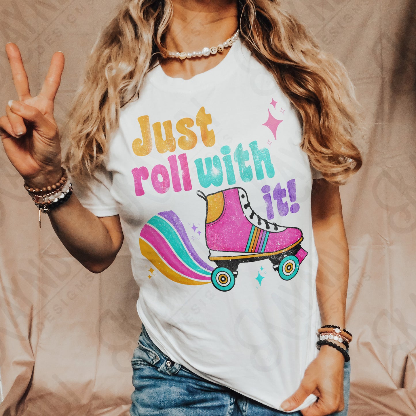 Just Roll With It Sublimation Design PNG Digital Download Printable 70s 80s Retro Vintage Doodle Rollerblades Roller Skates Skating Rink