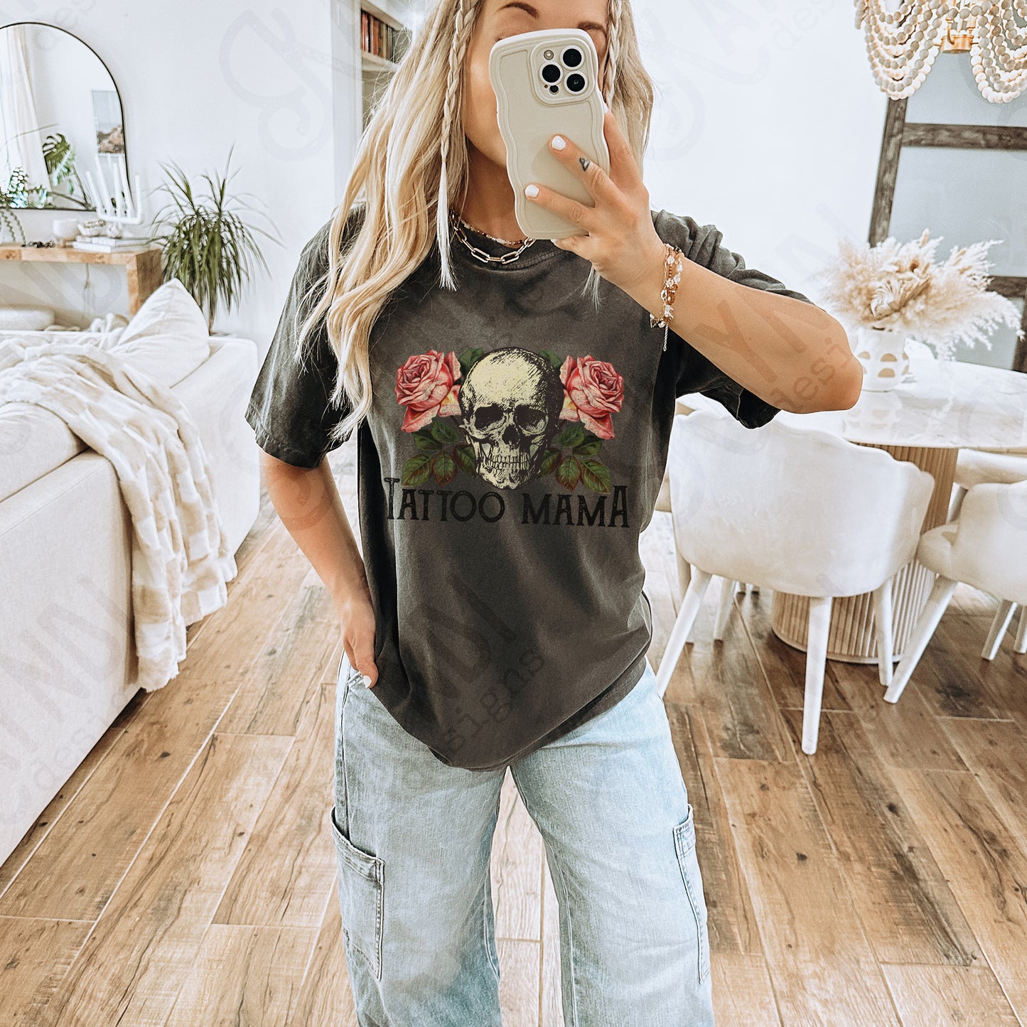 Tattoo Mama Sublimation Design PNG Digital Download Printable Skull Vintage Roses Flowers Floral Rocker Edgy Grunge Distressed