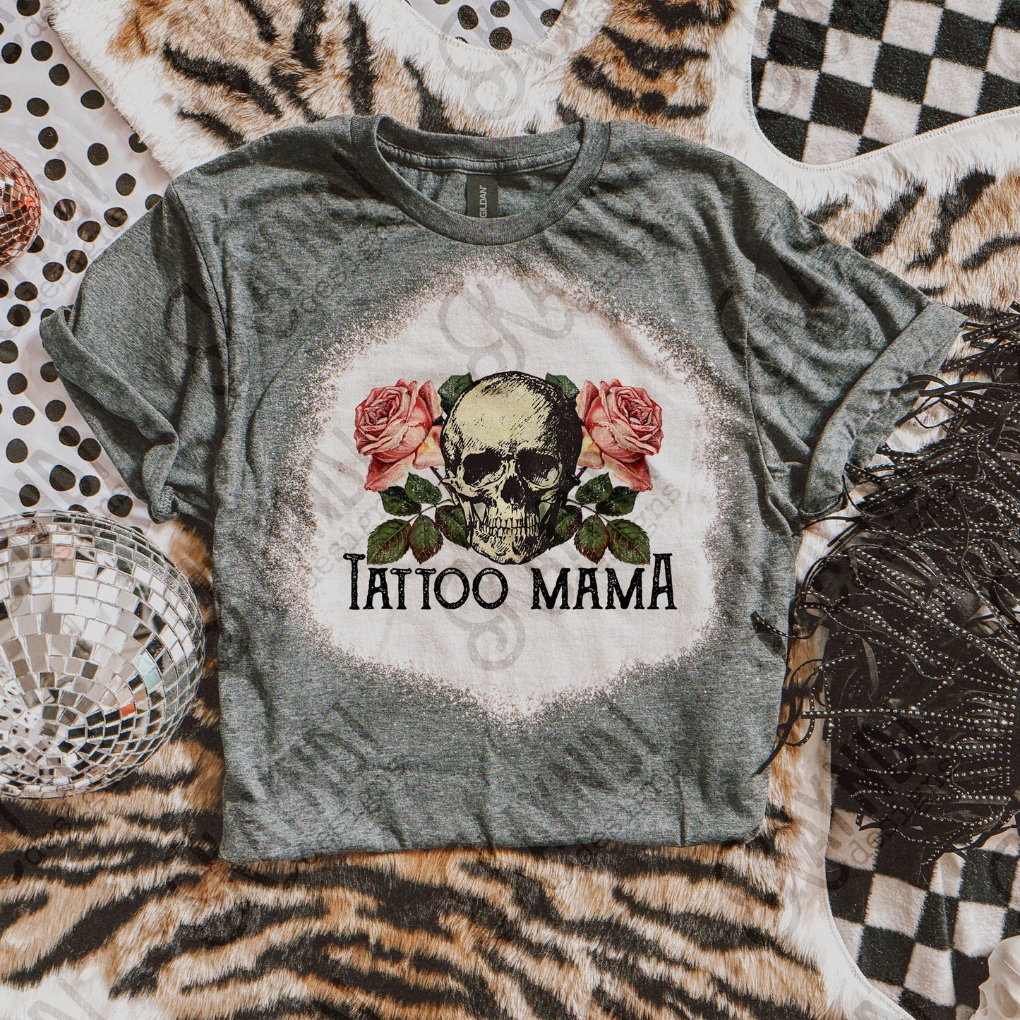 Tattoo Mama Sublimation Design PNG Digital Download Printable Skull Vintage Roses Flowers Floral Rocker Edgy Grunge Distressed