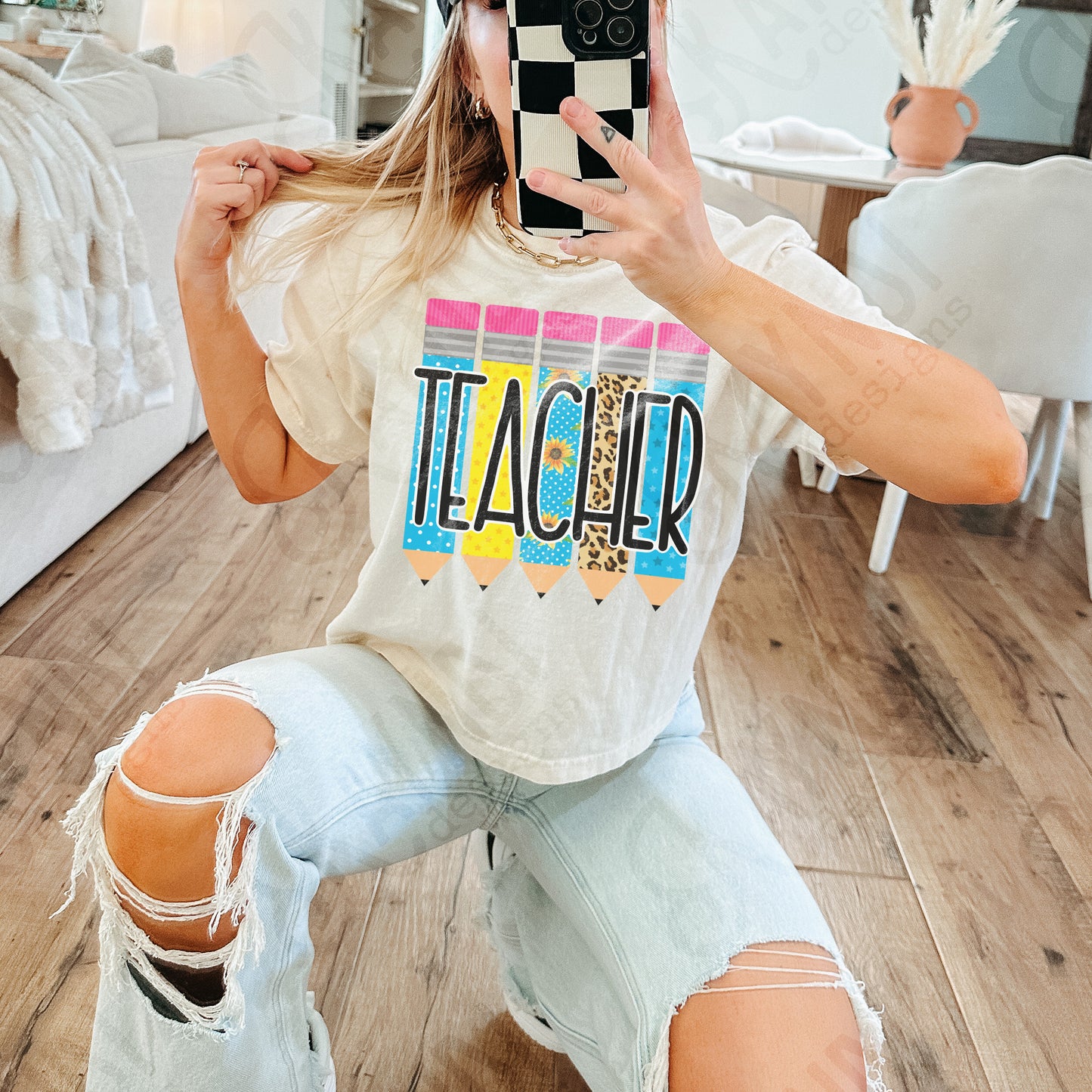Teacher Pencils Sublimation Design PNG Digital Download Printable Blue Sunflowers Polka Dots Leopard