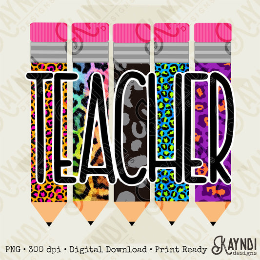 Teacher Pencils Leopard Cheetah Sublimation Design PNG Digital Download Printable Neon Pink Purple Blue