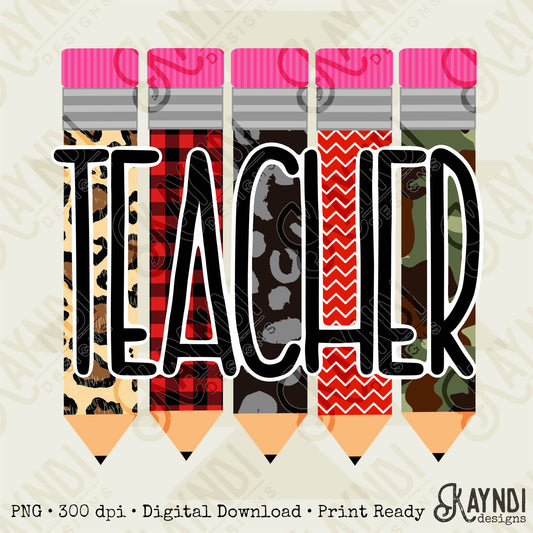 Teacher Pencils Camo Leopard Buffalo Sublimation Design PNG Digital Download Printable