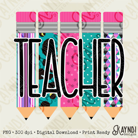 Teacher Pencils Pink and Teal Sublimation Design PNG Digital Download Printable