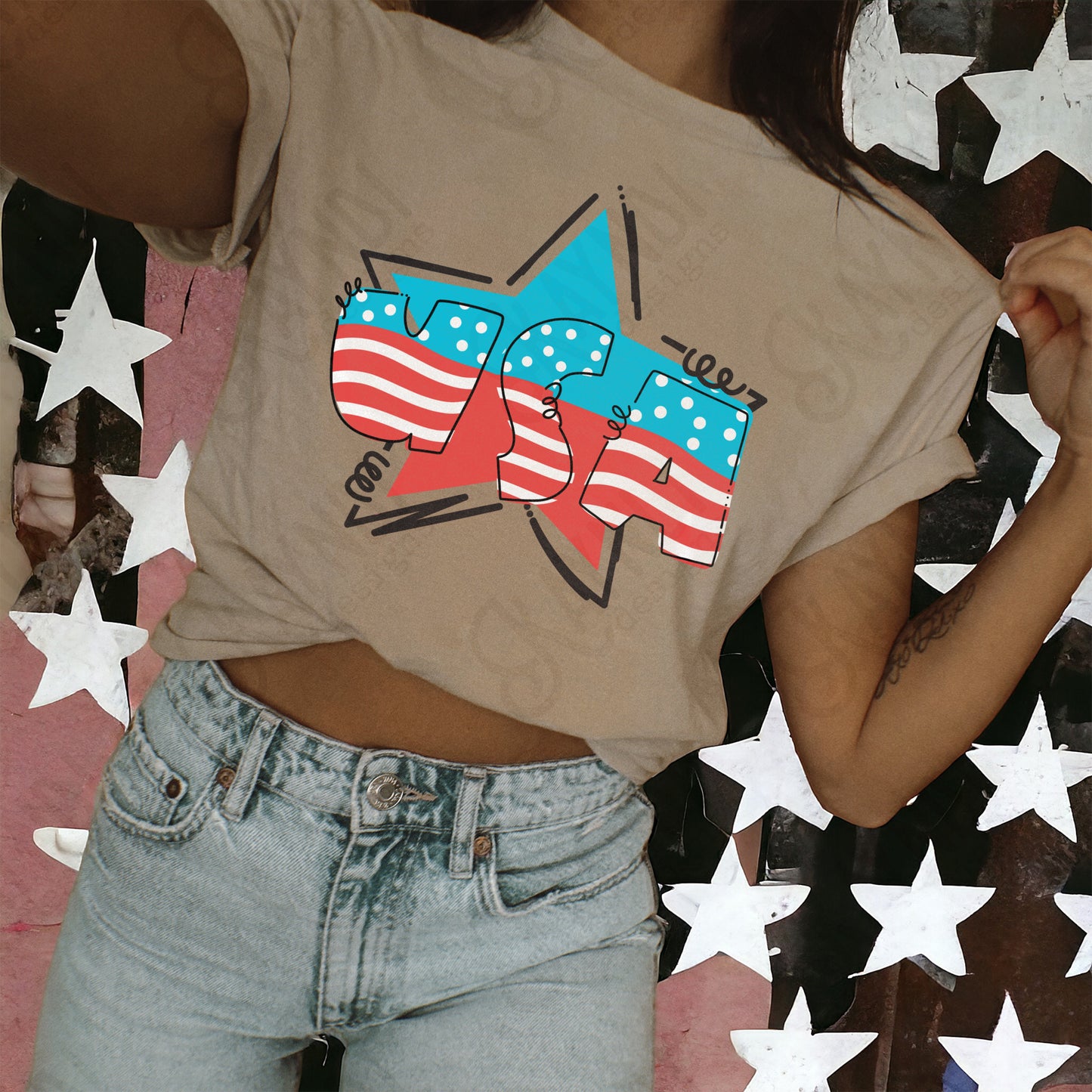 USA Doodle Star Sublimation Design PNG Digital Download Printable Red White & Blue Star Doodle