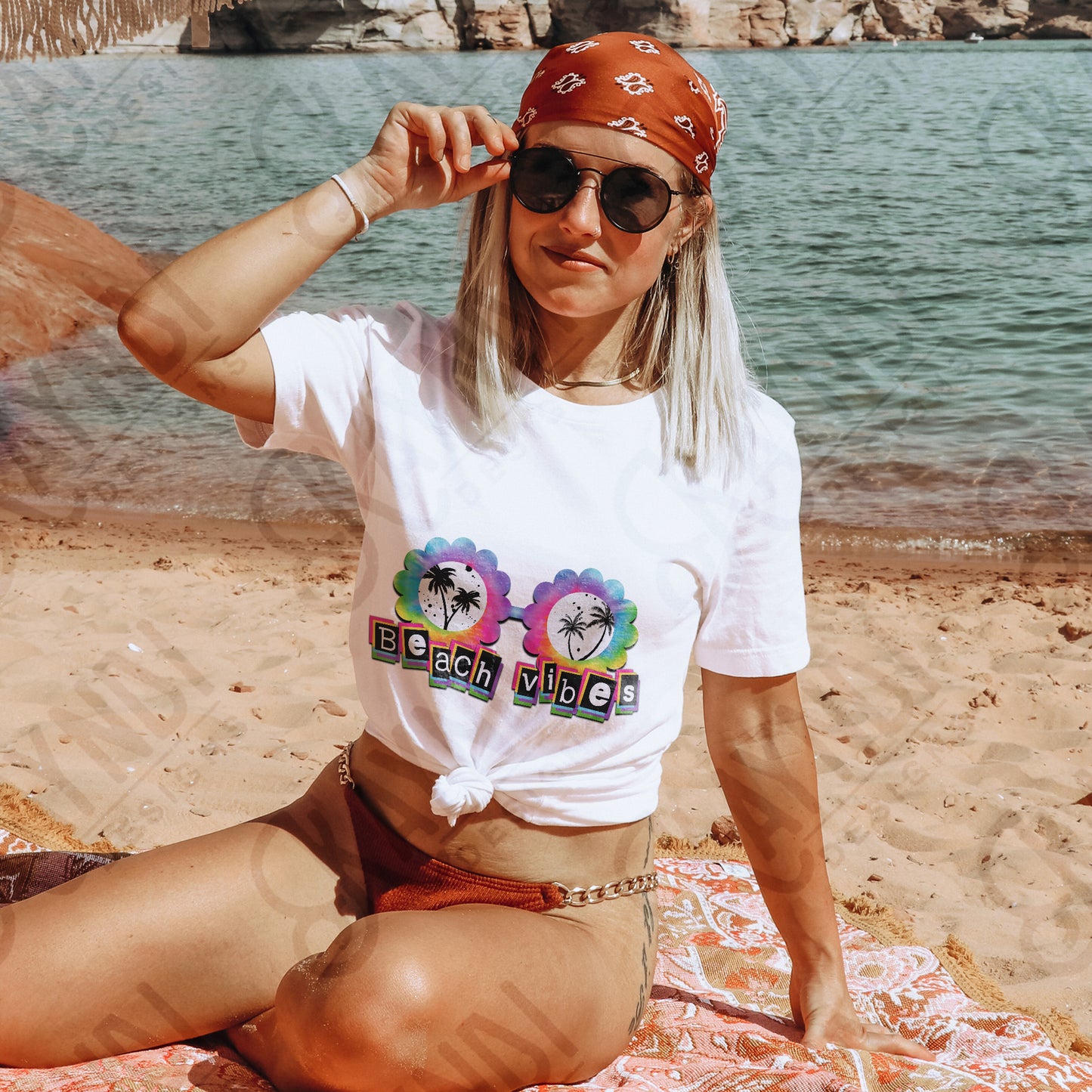 Beach Vibes Sublimation Design PNG Digital Download Printable Scalloped Sunglasses TieDye Glasses