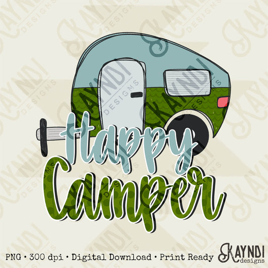 Happy Camper Blue Green Sublimation Design PNG Digital Download Printable Vintage Summer Camping RV