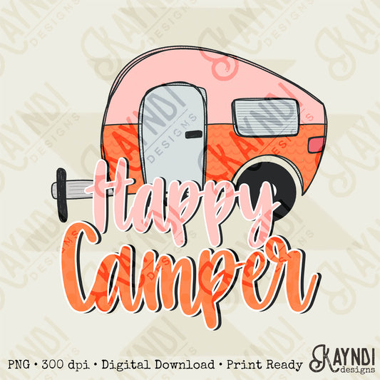 Happy Camper Pink & Coral Sublimation Design PNG Digital Download Printable Vintage Summer Camping RV