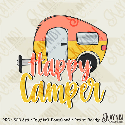 Happy Camper Coral Yellow Sublimation Design PNG Digital Download Printable Vintage Summer Camping RV