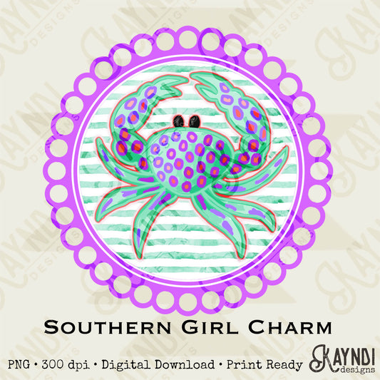 Southern Girl Charm Crab Sublimation Design PNG Digital Download Printable Southern Preppy Beach Summer Girly Prep Preppy Purple Teal