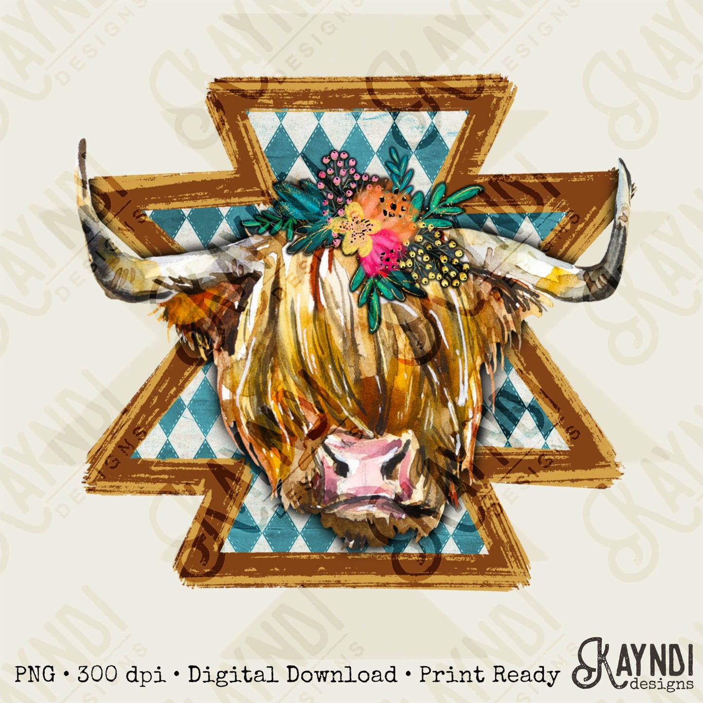 Cute Cow Western Highland Sublimation Design PNG Digital Download Printable Plaid Aztec