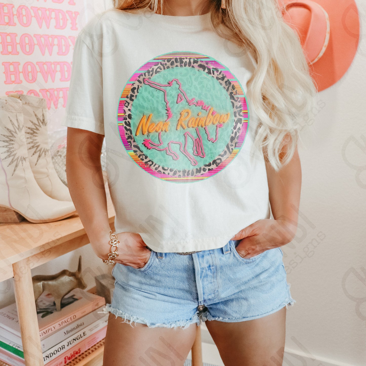 Neon Rainbow Sublimation Design PNG Digital Download Printable Rodeo Cowboy