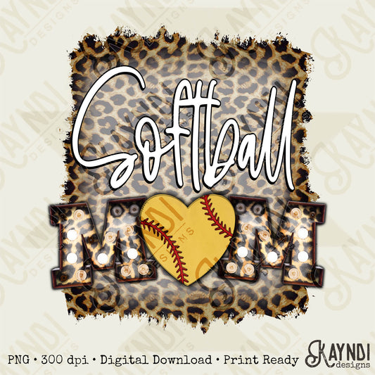 Softball Mom Leopard Marquee Sublimation Design PNG Digital Download Printable