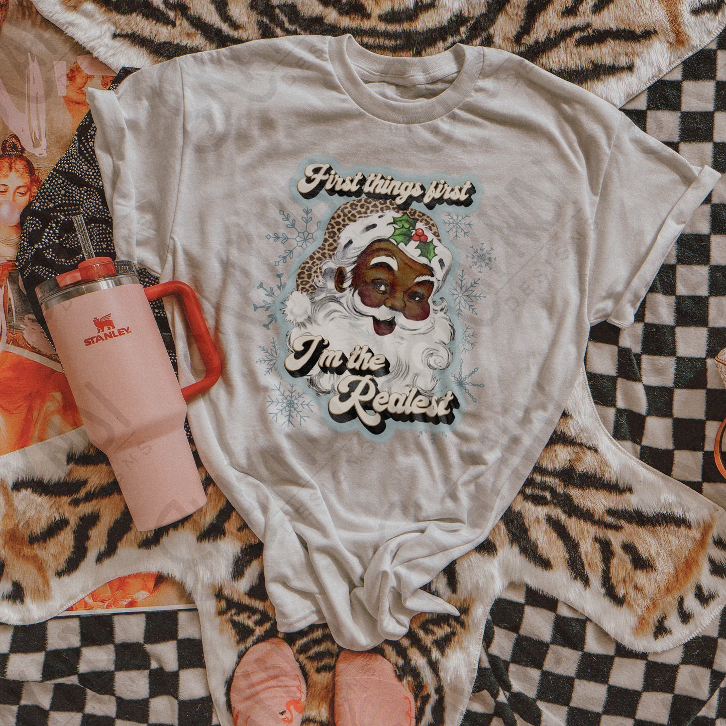 First Things First Im The Realest Santa Sublimation Design PNG Digital Download Printable Leopard Cheetah Blue Snowflakes African American