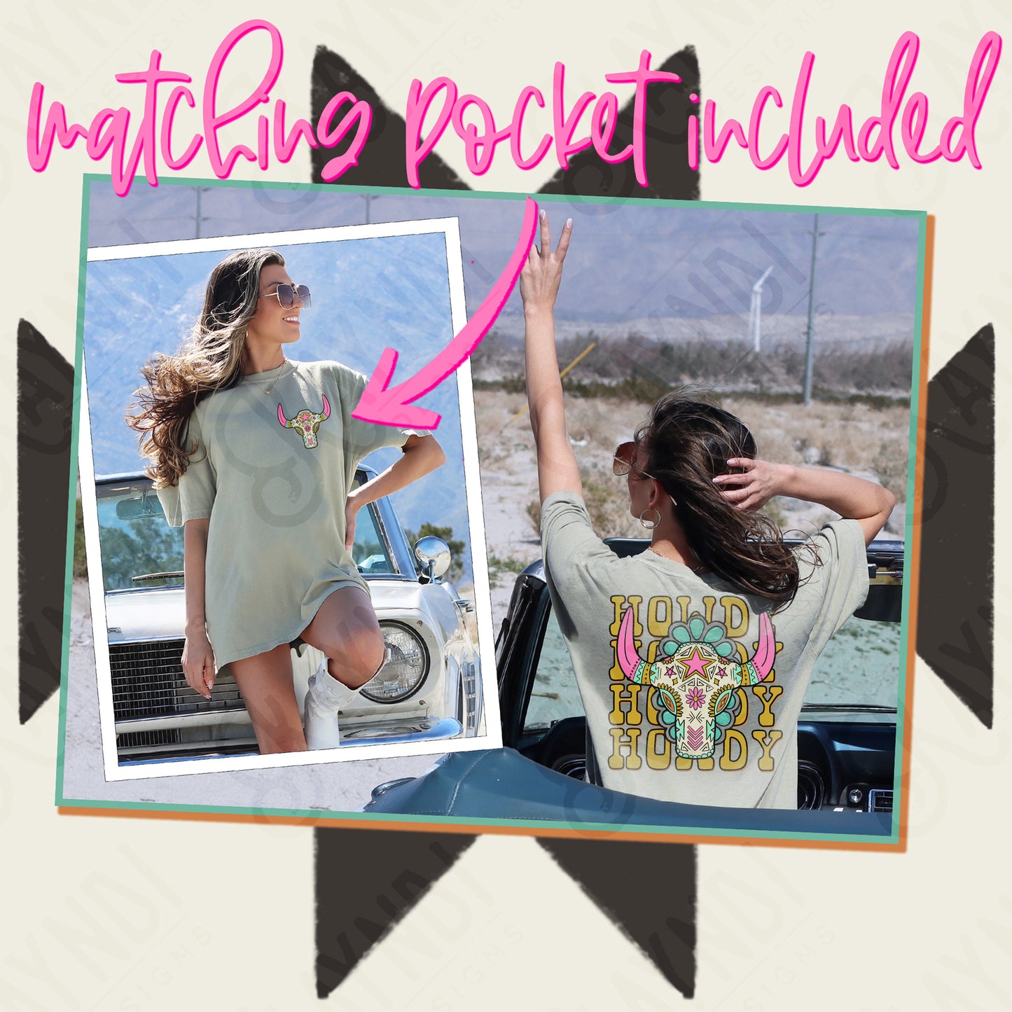 Howdy Boho Steer Sublimation Design PNG Digital Download Printable Western Girly Pocket Design