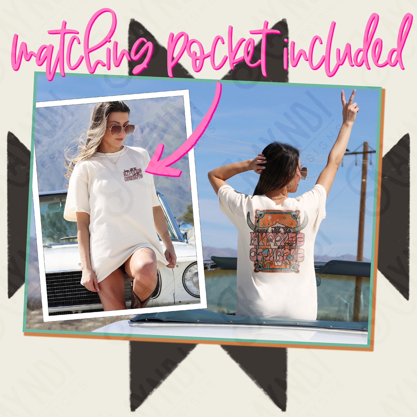 Hippies and Cowboys Sublimation Design PNG Digital Download Printable Western Bull Skull Pocket Design