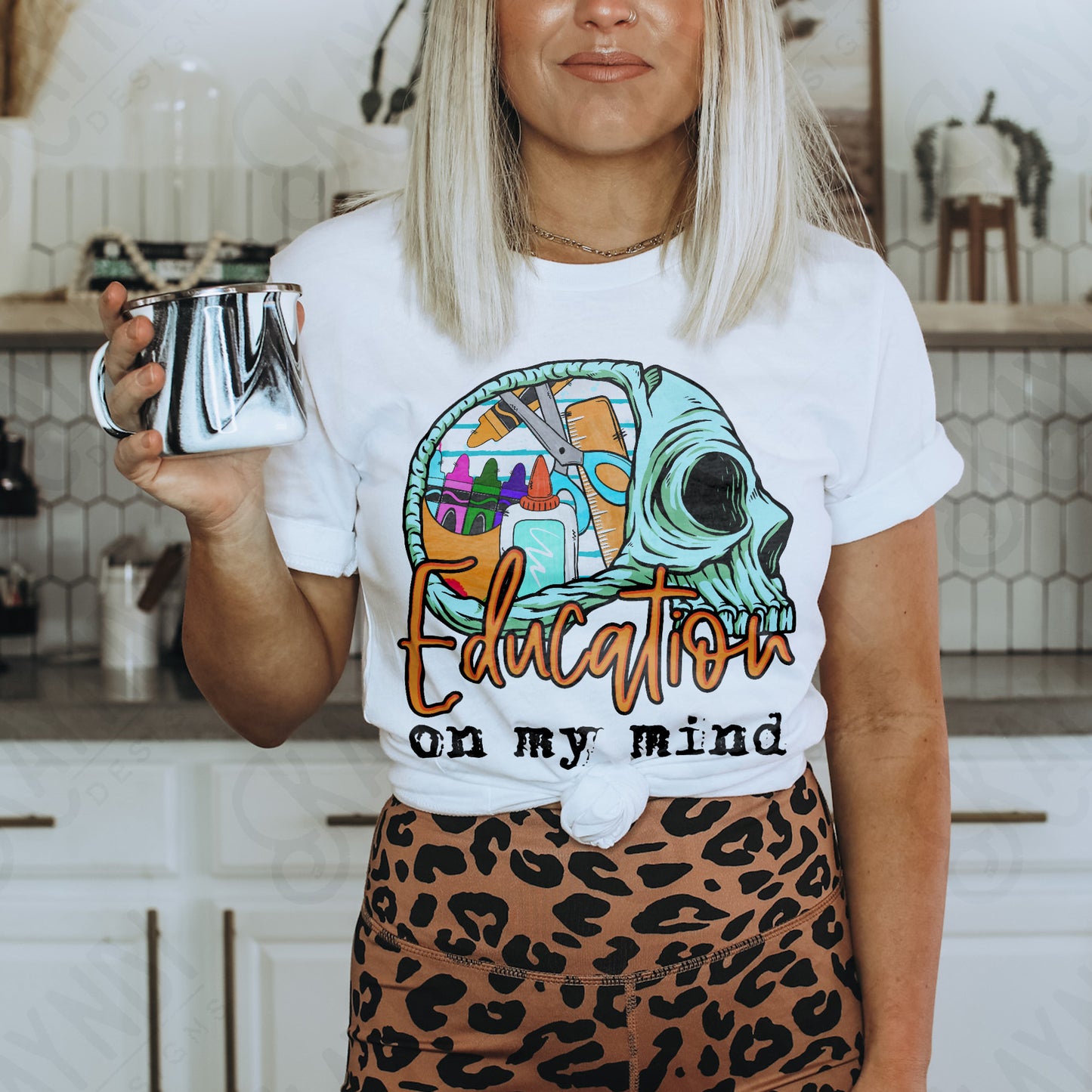 Education on my Mind Sublimation Design PNG Digital Download Printable Skull School Supplies Teacher