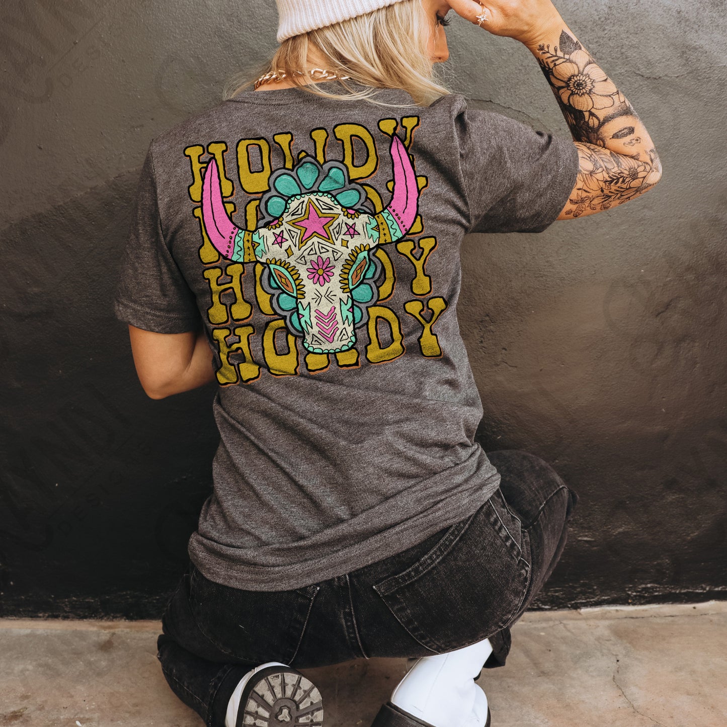 Howdy Boho Steer Sublimation Design PNG Digital Download Printable Western Girly Pocket Design