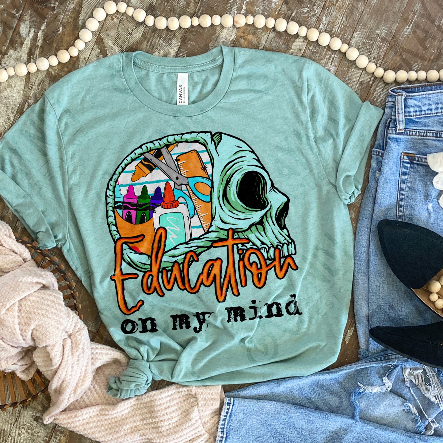 Education on my Mind Sublimation Design PNG Digital Download Printable Skull School Supplies Teacher