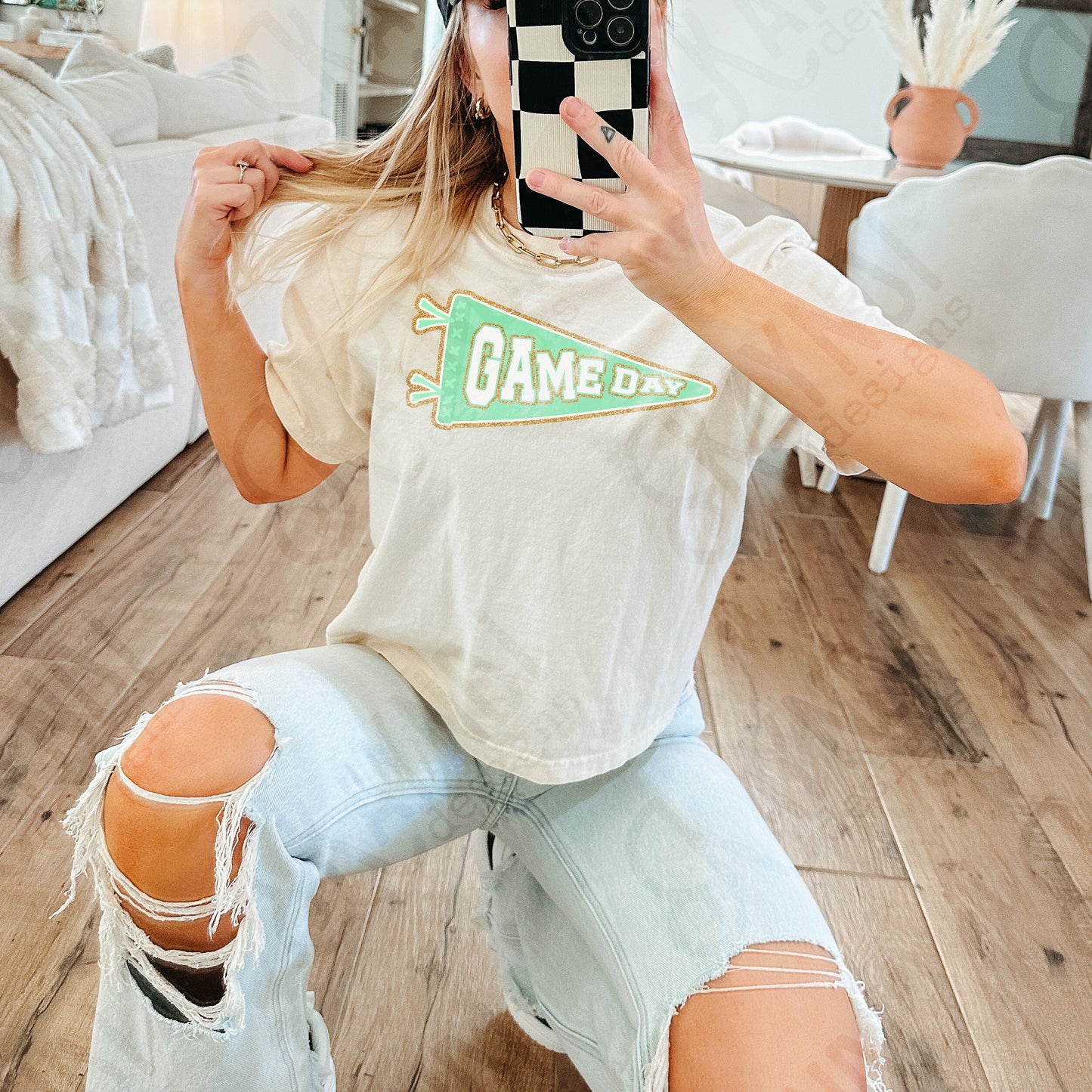Game Day Pendant Gold 13 Green Light Sublimation Design PNG Digital Download Printable School Spirit