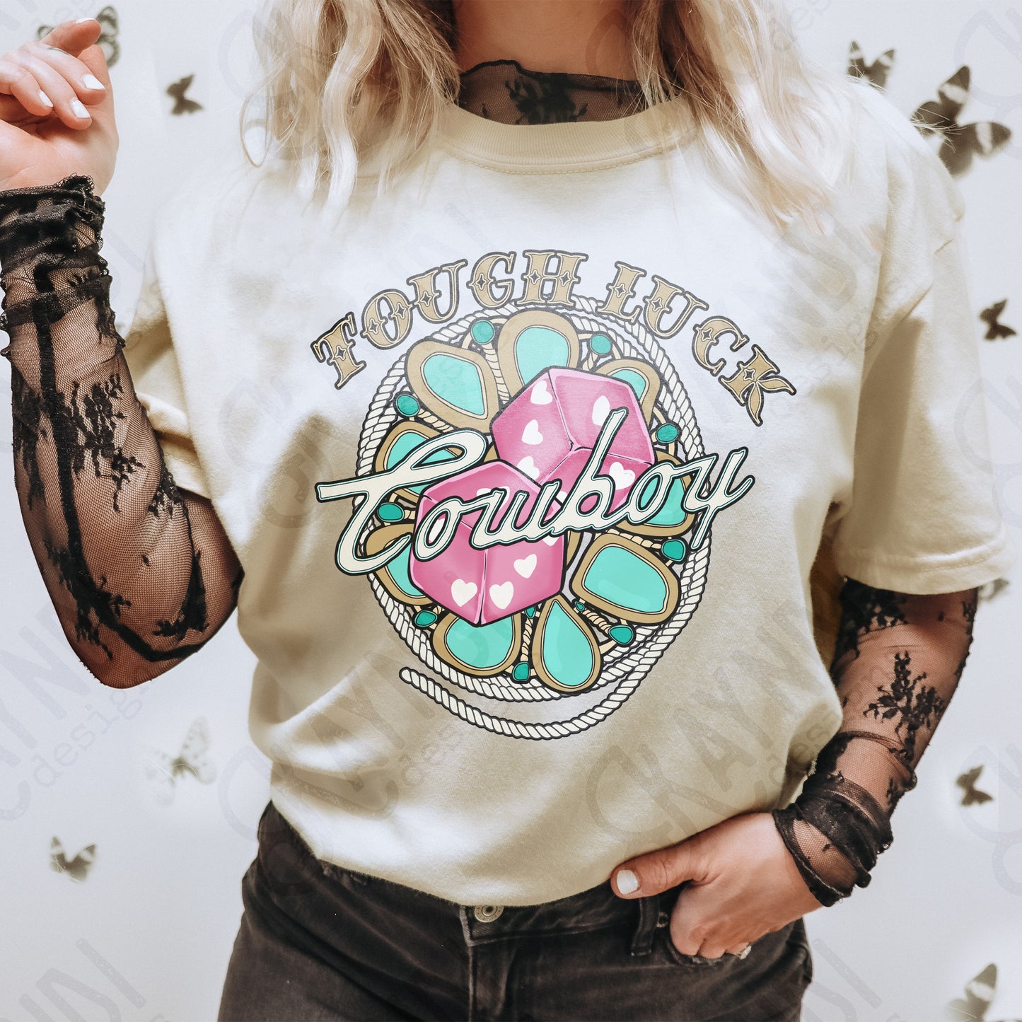 Tough Luck Cowboy Sublimation Design PNG Digital Download Printable Pink Dice Turquoise