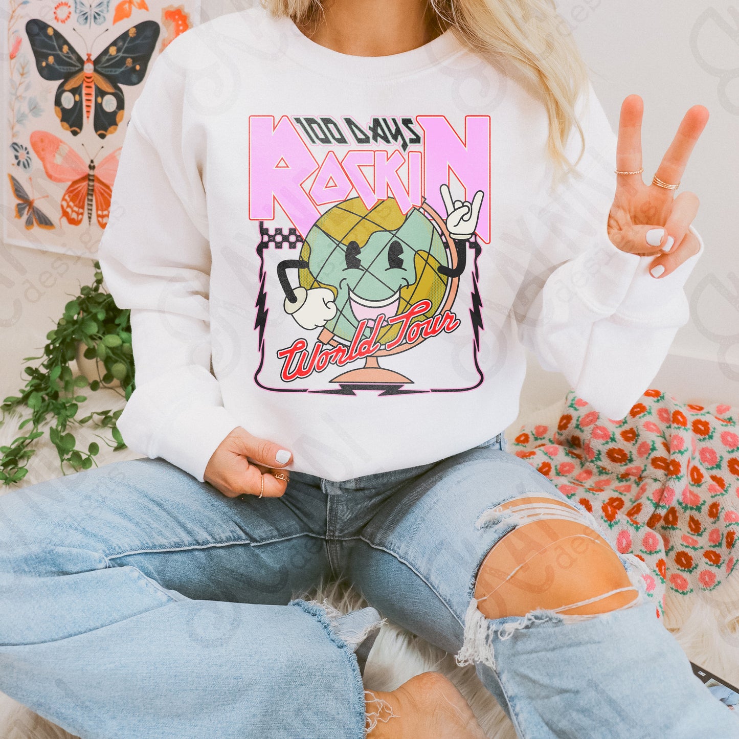 100 Days Rockin World Tour Pink Sublimation Design PNG Digital Download Printable School Vintage Globe
