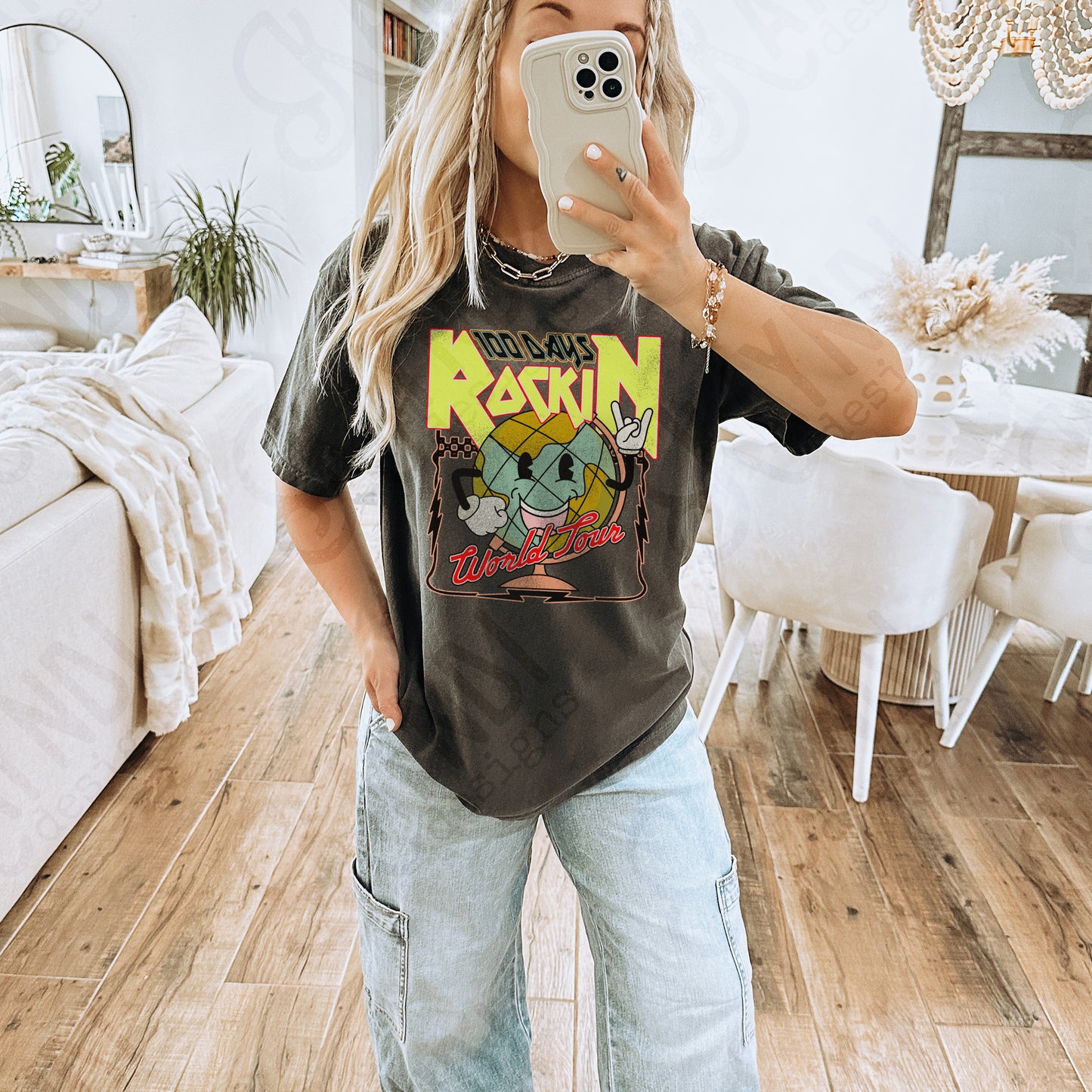100 Days Rockin World Tour Yellow Sublimation Design PNG Digital Download Printable School Vintage Globe