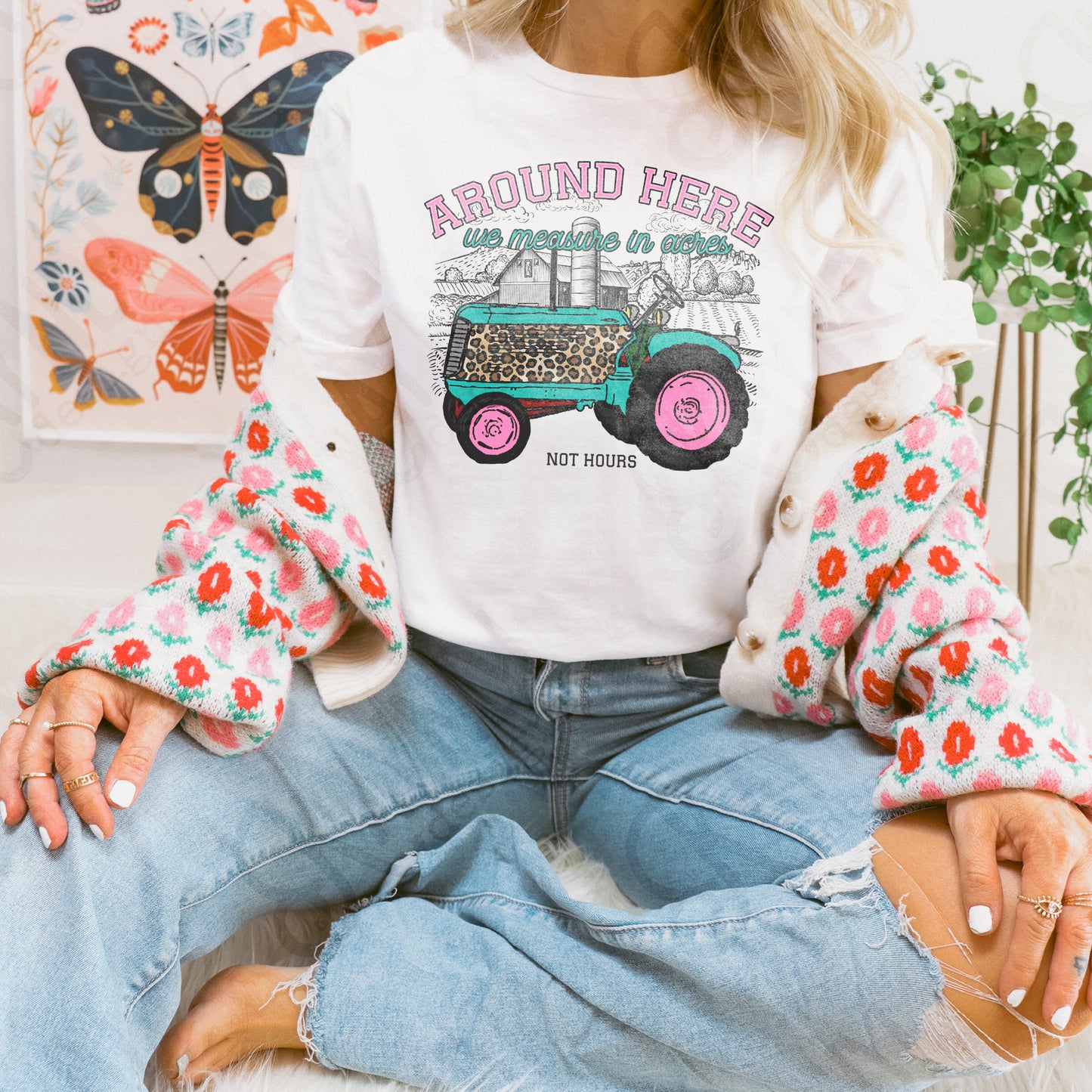 Around Here We Measure in Acres Pink Sublimation Design PNG Digital Download Printable Farm Tractor Cheetah