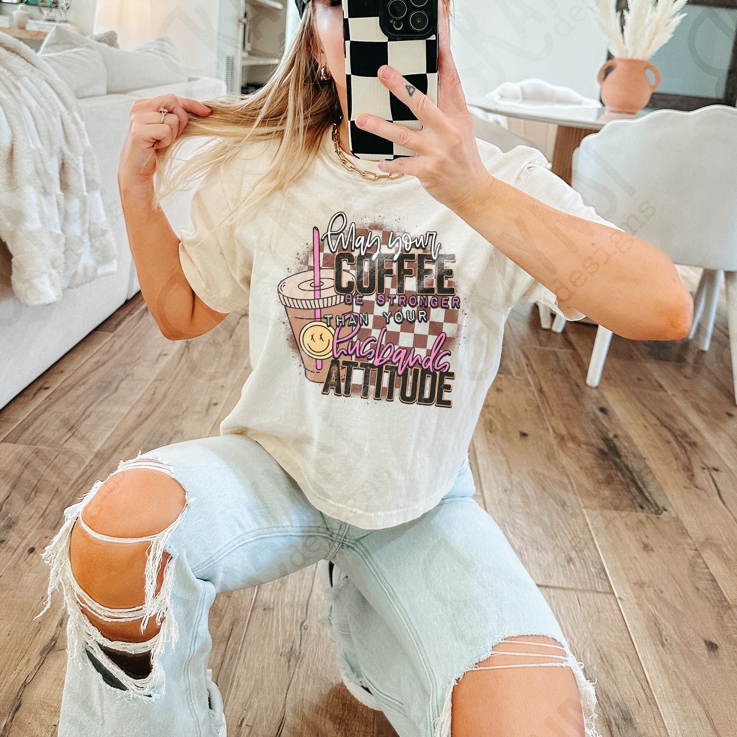 Coffee Be Stronger Than Your Husbands Attitude Sublimation Design PNG Digital Download Printable Checkered Caffeine