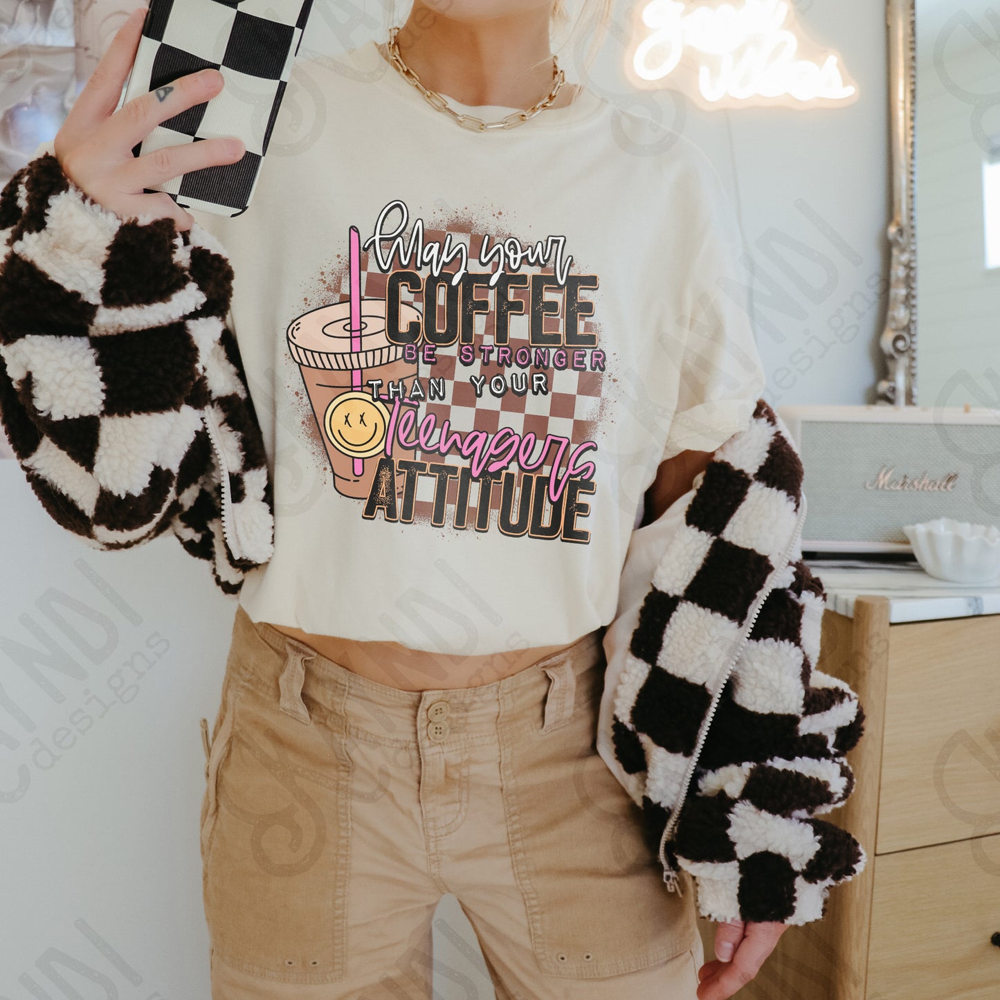 Coffee Be Stronger Than Your Teenagers Attitude Sublimation Design PNG Digital Download Printable Checkered Caffeine