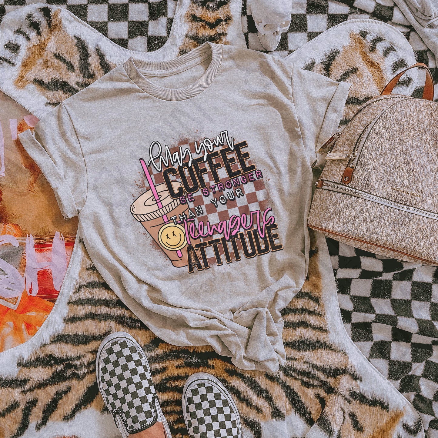 Coffee Be Stronger Than Your Teenagers Attitude Sublimation Design PNG Digital Download Printable Checkered Caffeine