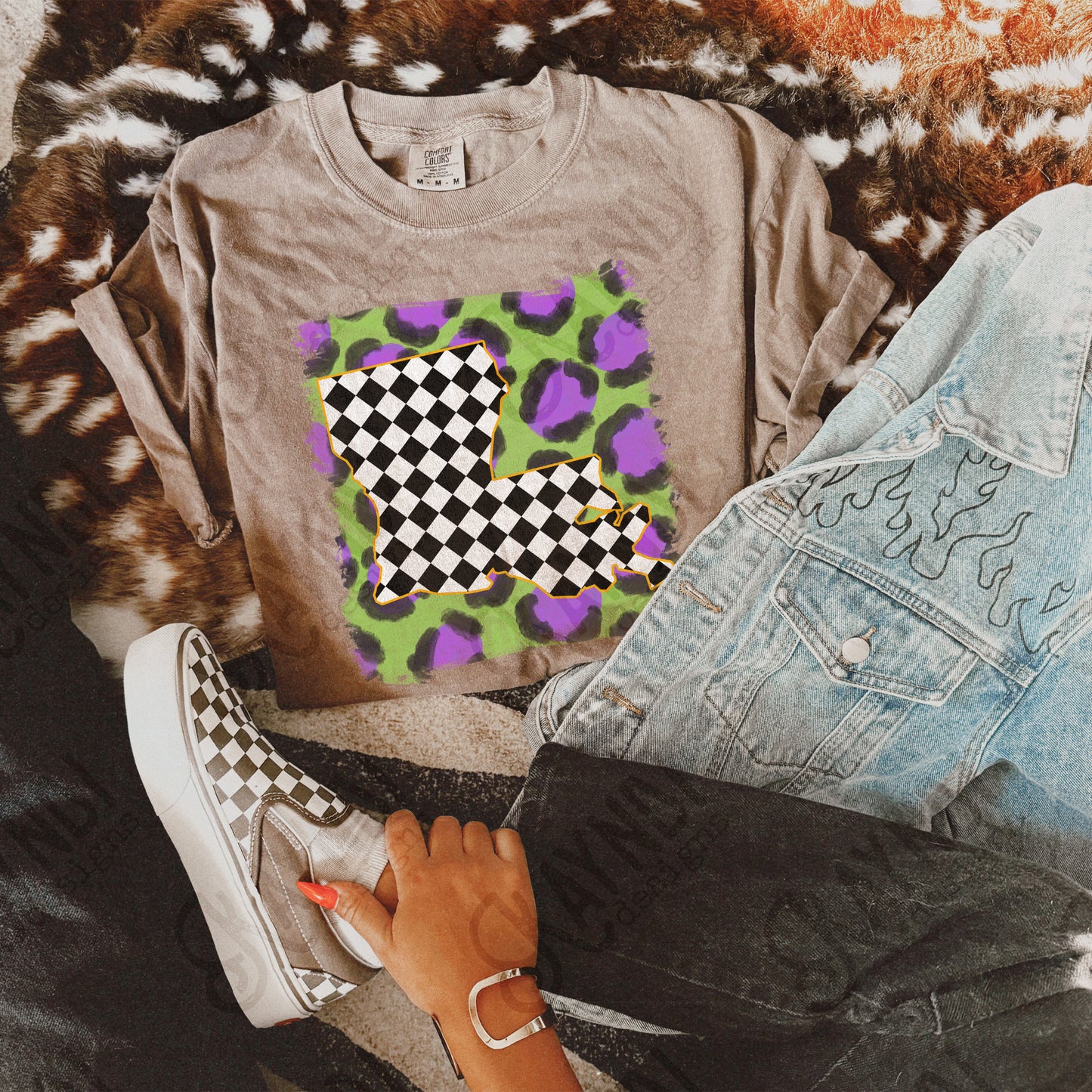 Louisiana Sublimation Design PNG Digital Download Printable Southern Checkered Cheetah