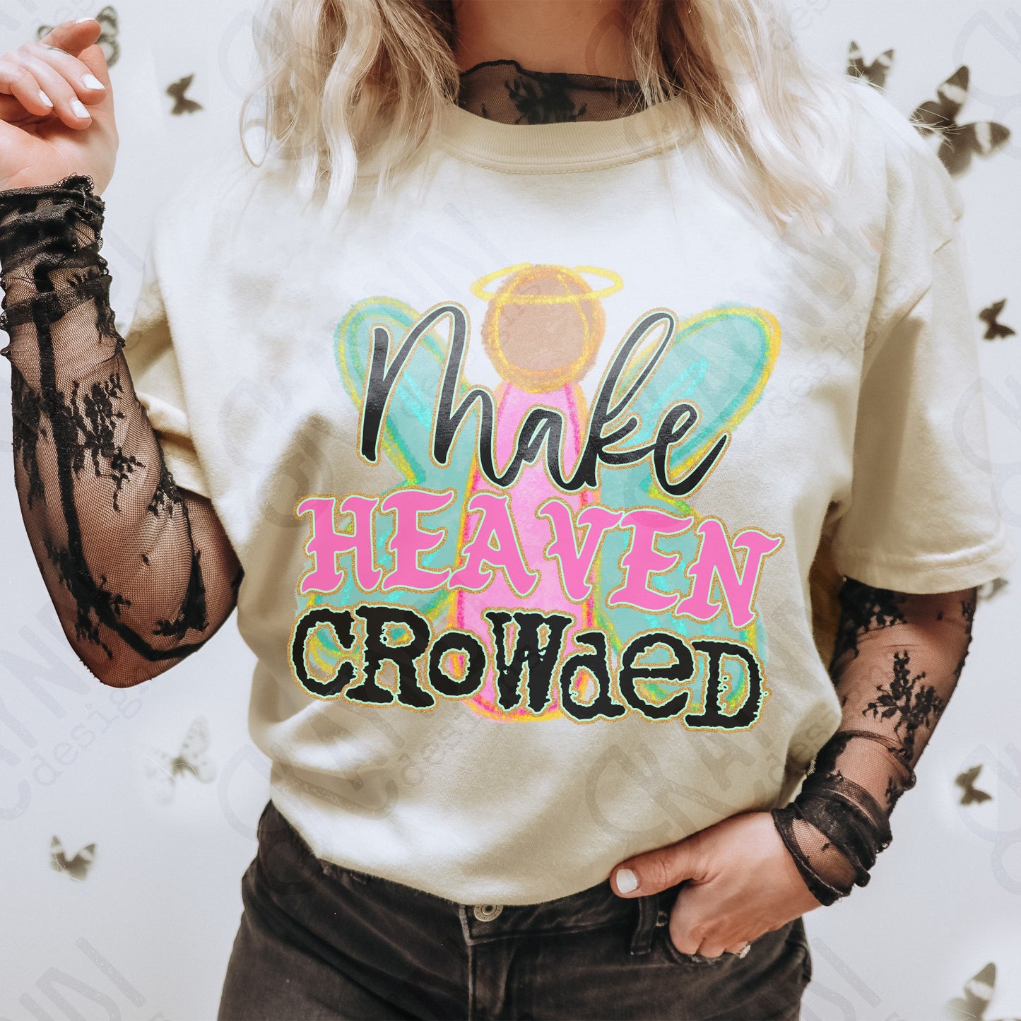 Make Heaven Crowded Black Sublimation Design PNG Digital Download Printable Cute Faith Angel