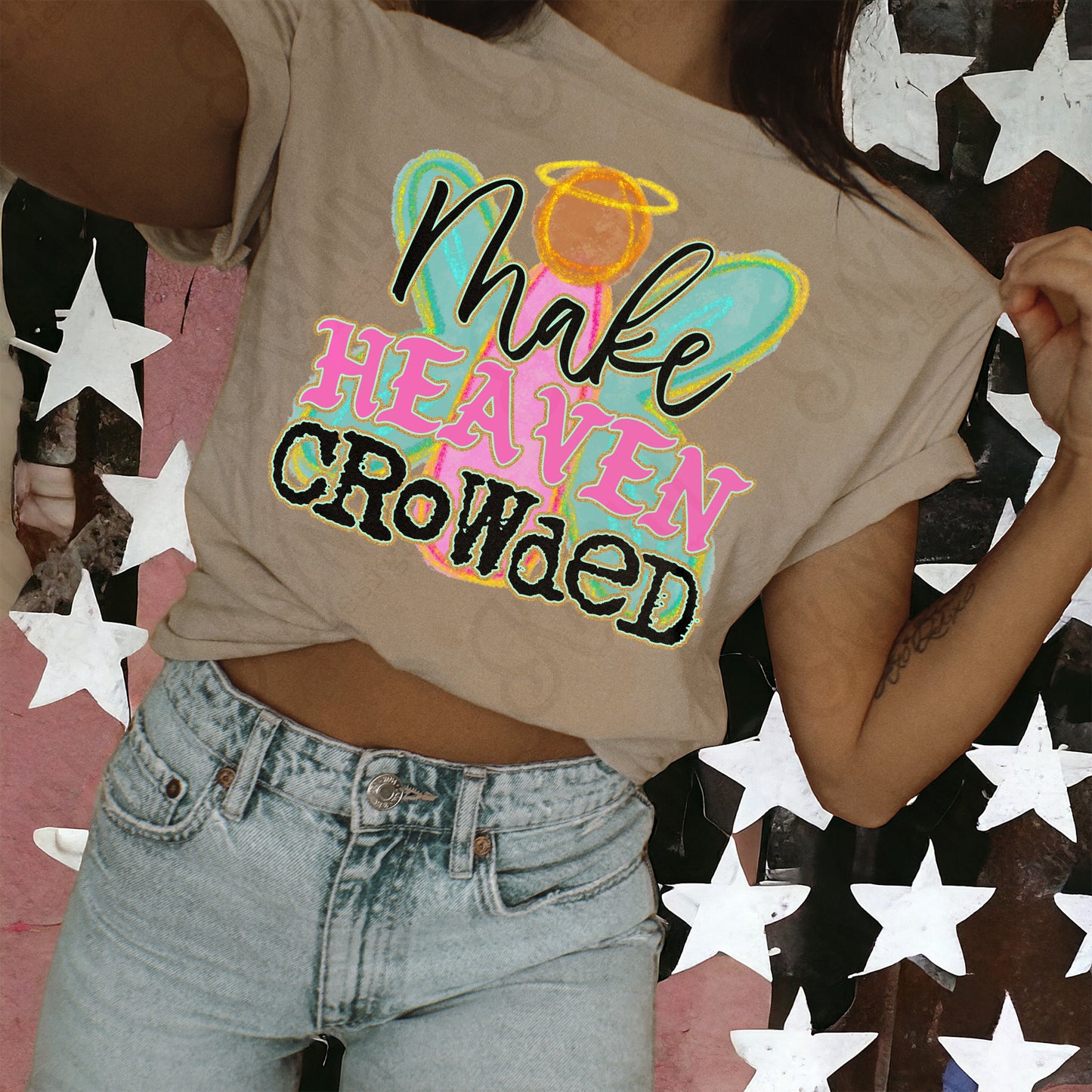 Make Heaven Crowded Black Sublimation Design PNG Digital Download Printable Cute Faith Angel