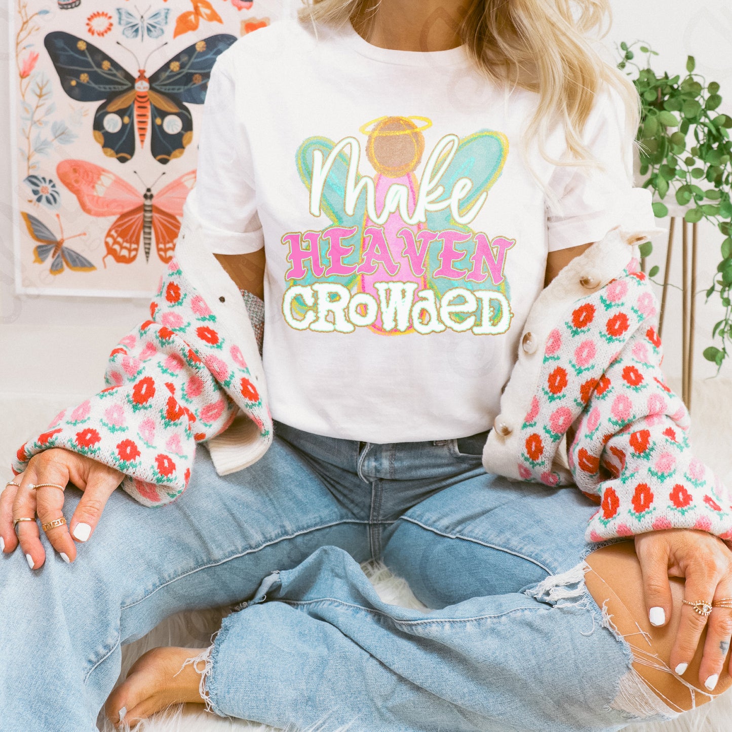 Make Heaven Crowded White Sublimation Design PNG Digital Download Printable Cute Faith Angel