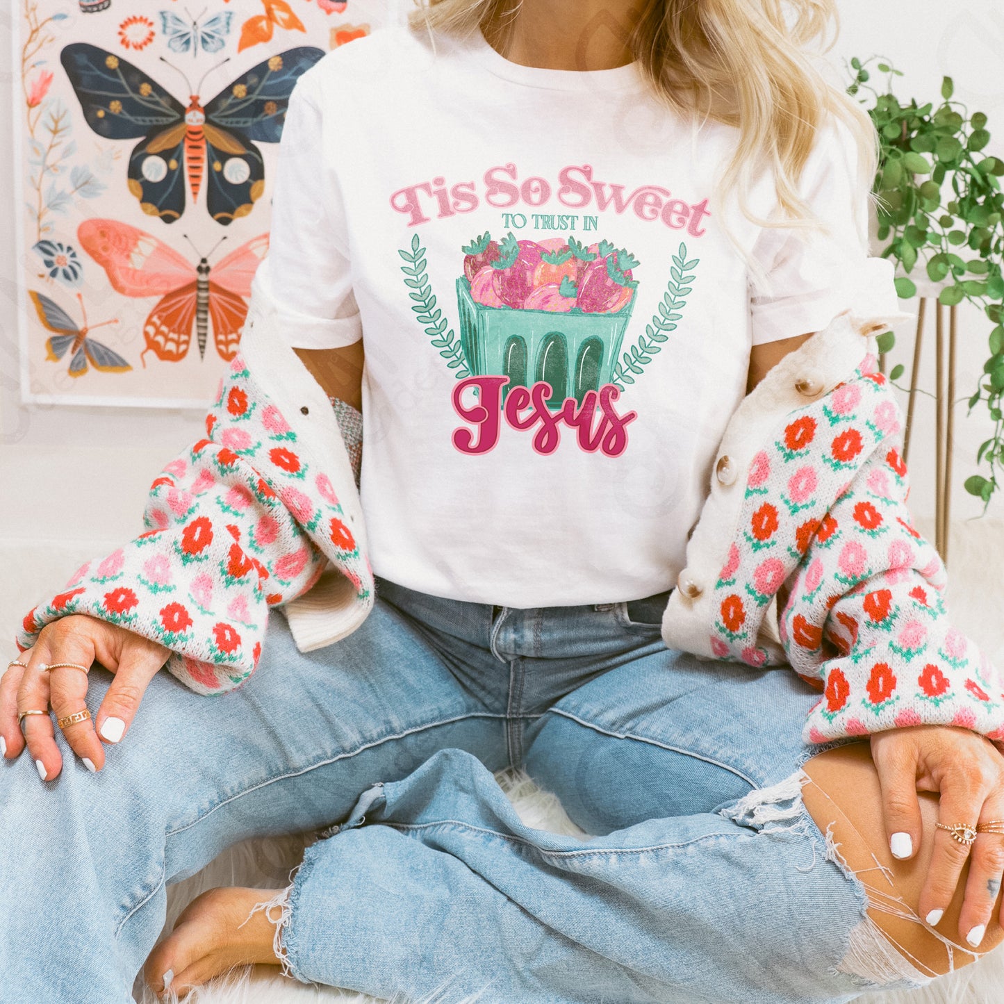 Tis So Sweet to Trust In Jesus Sublimation Design PNG Digital Download Printable Cute Faith Strawberries