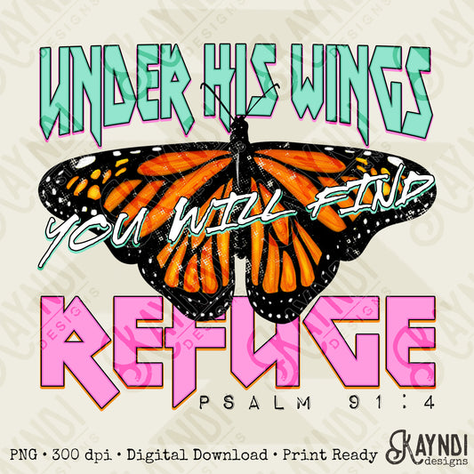 Under His Wings Dark Sublimation Design PNG Digital Download Printable Verse Butterfly Faith