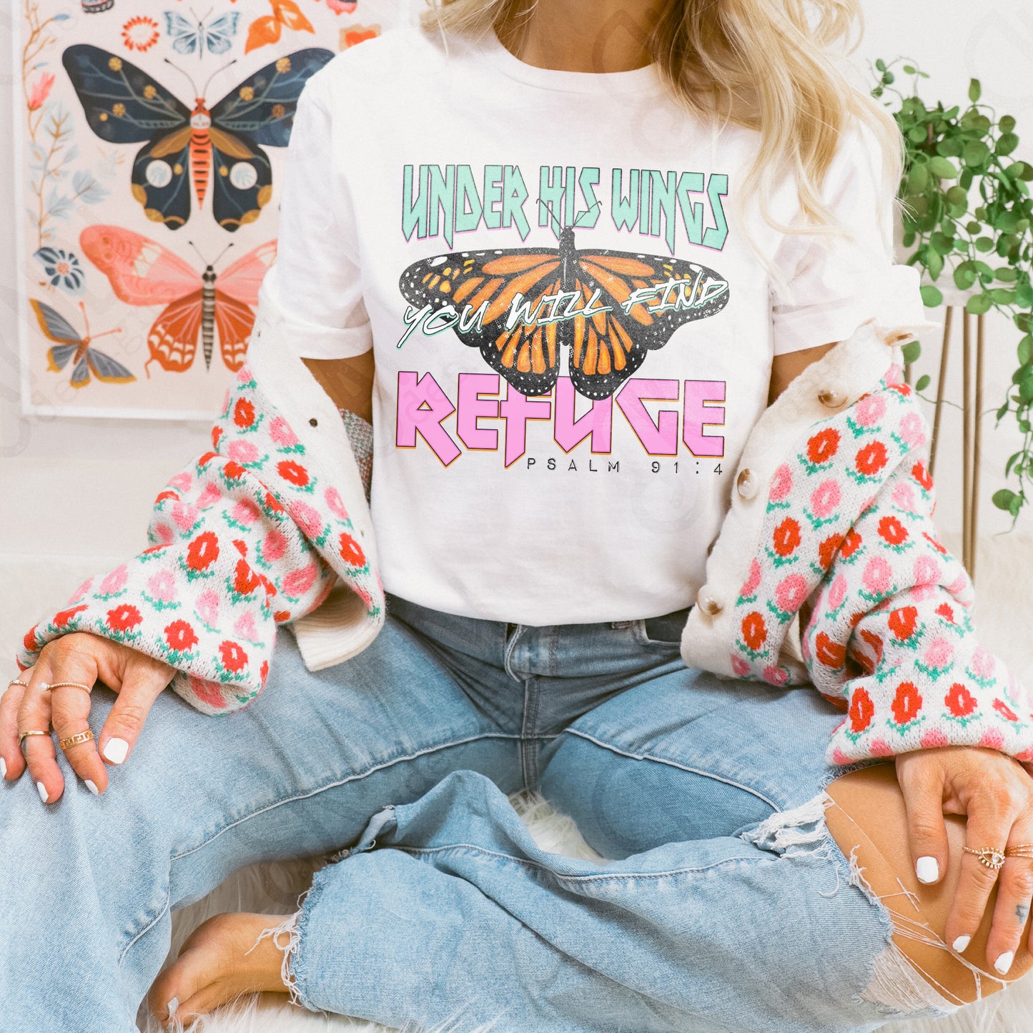 Under His Wings Dark Sublimation Design PNG Digital Download Printable Verse Butterfly Faith