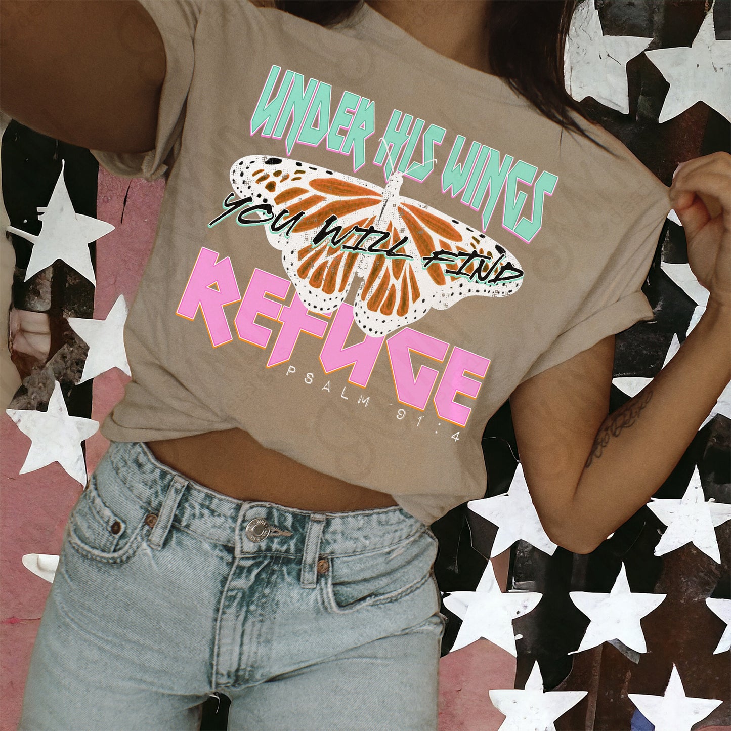 Under His Wings LIght Sublimation Design PNG Digital Download Printable Verse Butterfly Faith