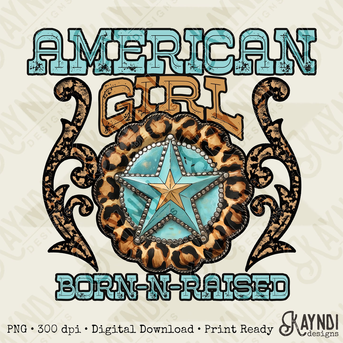 American Girl Sublimation Design PNG Digital Download Printable Western Cheetah Turquoise