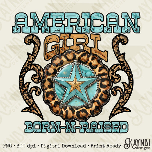 American Girl Sublimation Design PNG Digital Download Printable Western Cheetah Turquoise