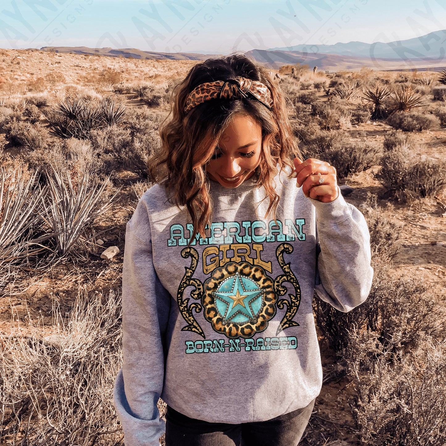 American Girl Sublimation Design PNG Digital Download Printable Western Cheetah Turquoise